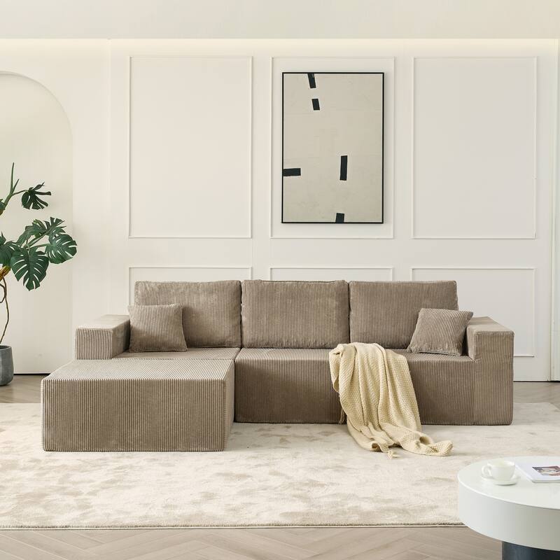 Modular L Shaped Sectional Sofa with Ottoman, Corduroy Boneless Cloud Sofa, 3 Seater Upholstered Sofa with 2 Pillows