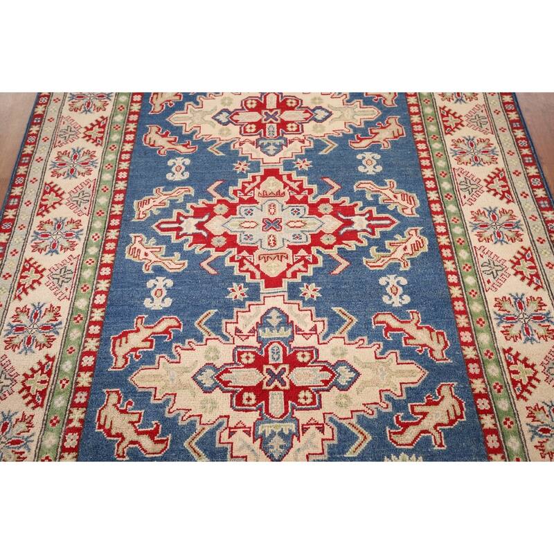 Blue Geometric Kazak Area Rug Hand-Knotted Geometric Wool Carpet - 5'0" x 6'8"