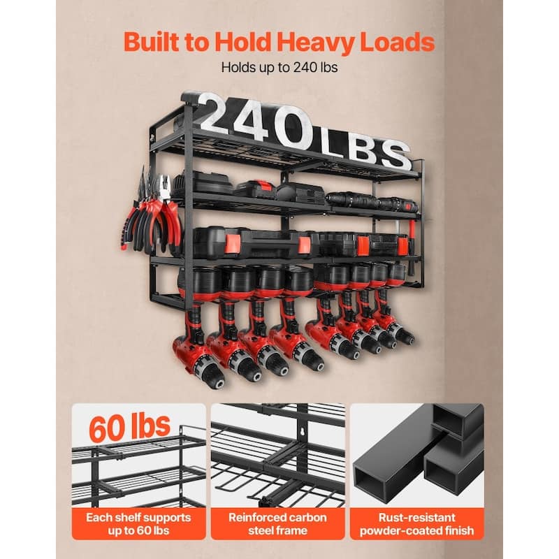 4-Tier Wall-Mounted Tool Organizer Rack with 8 Slots and Hooks for Garage Workshop Storage - 36.56 x 7.87 x 16.54 in