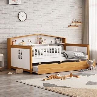 Wood House Daybed with Trundle and Bookcase