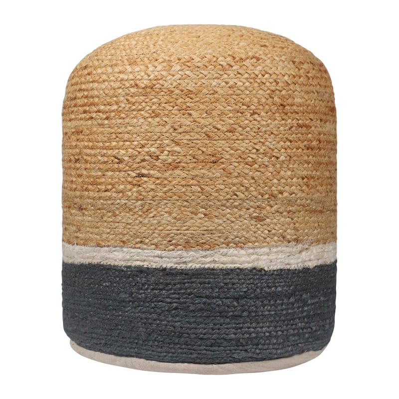 HomeRoots 18" Natural And Gray Jute Blend Cylinder Striped Pouf Ottoman
