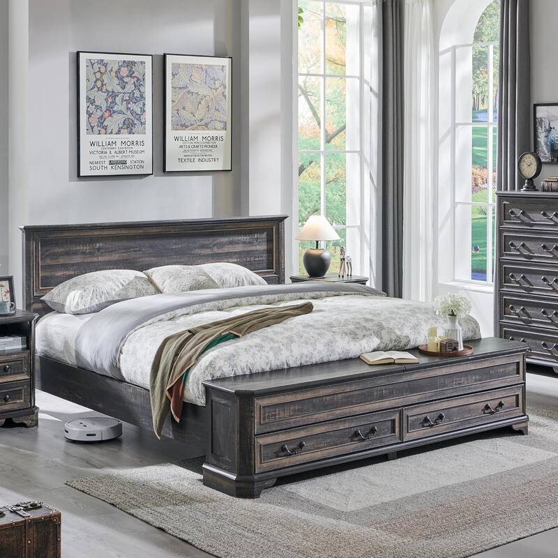 Farmhouse Bed Frame w/ Headboard & Storage Bench, Wood Platform Bed