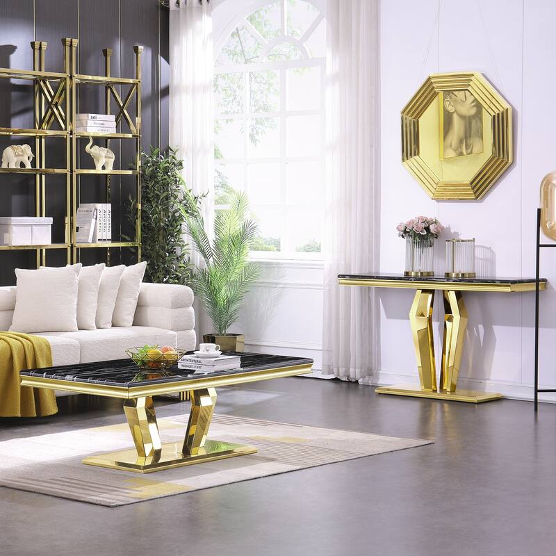 Luxury Rectangular Sofa Console Table Modern Living Room Entryway Table with Mirrored Gold Geometric Base