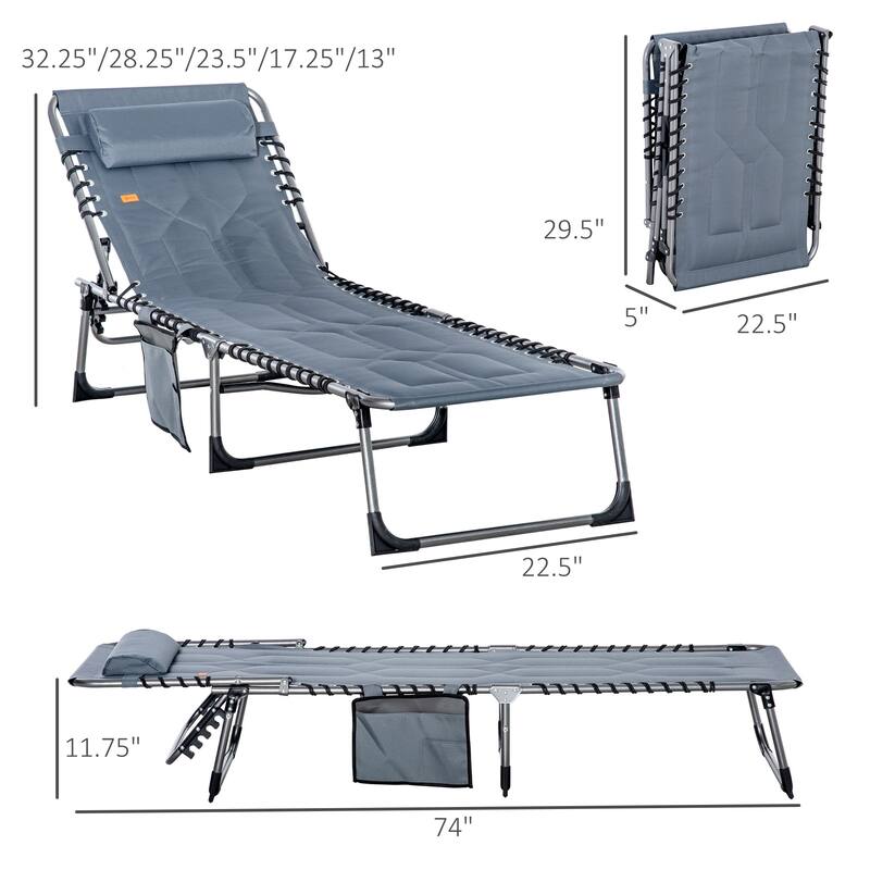 Outsunny Folding Chaise Lounge Chair, Outdoor Padded Reclining Chair with 5-position Adjustable Backrest, Pillow and Pocket