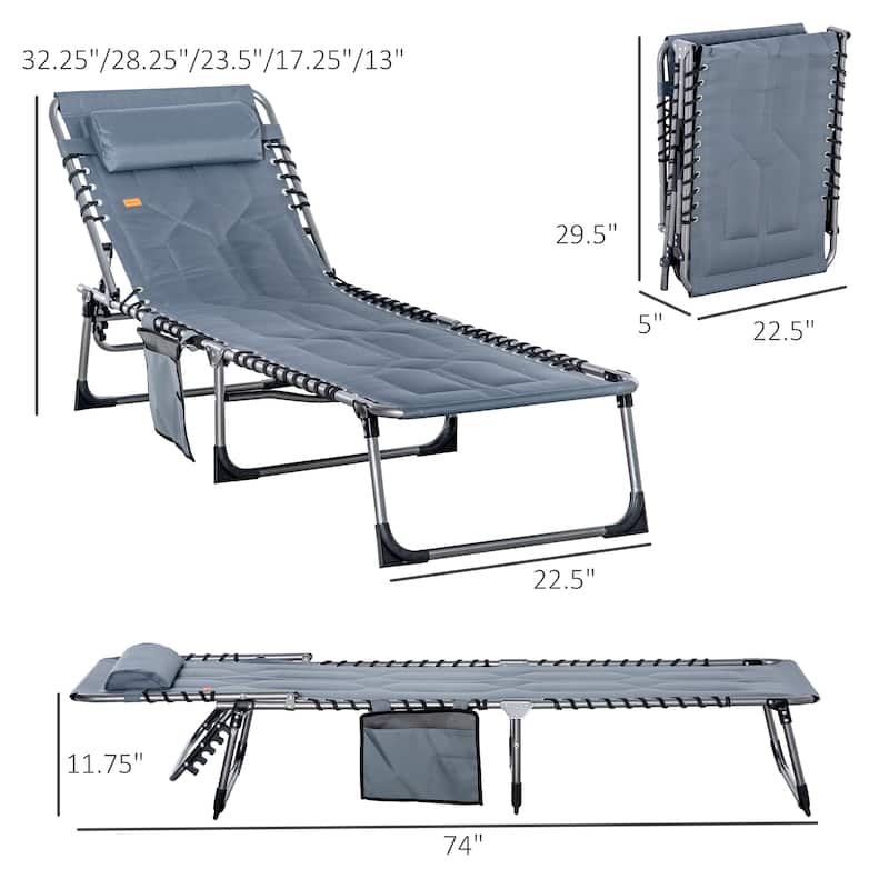 Patio Padded Folding Chaise Lounge Chair, Outdoor 6-Level Reclining Camping Tanning Chair with Headrest