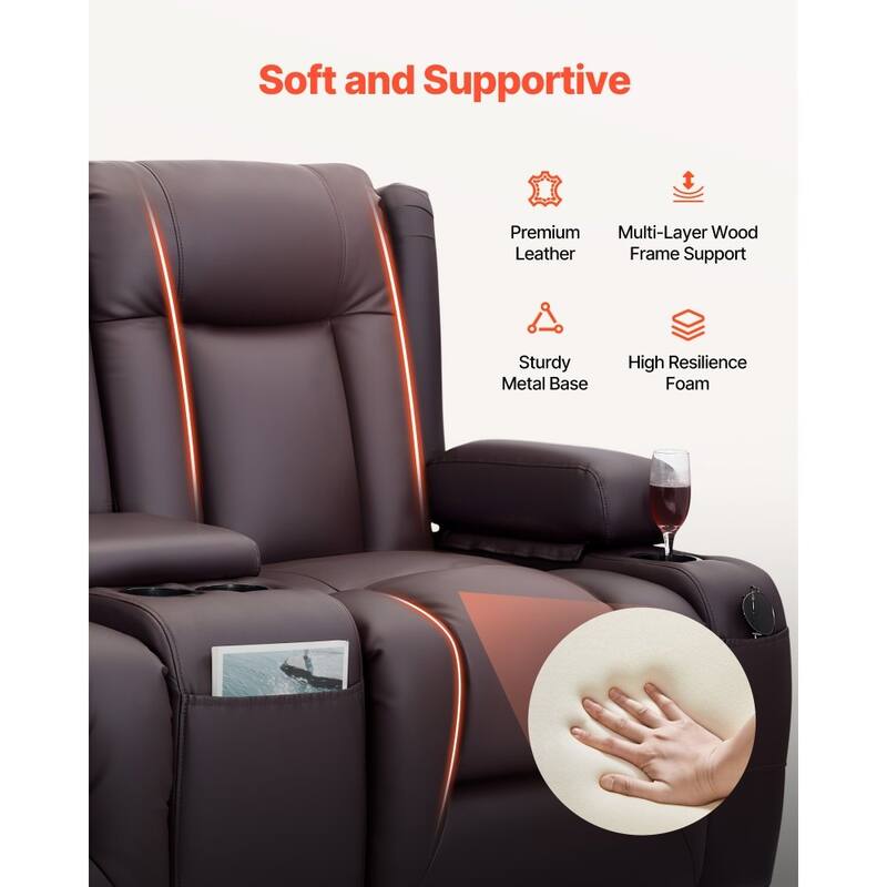Brown PU Leather Electric Recliner Loveseat with Massage, Heating and USB Ports - 65.55 x 36.2 x 40.9 in