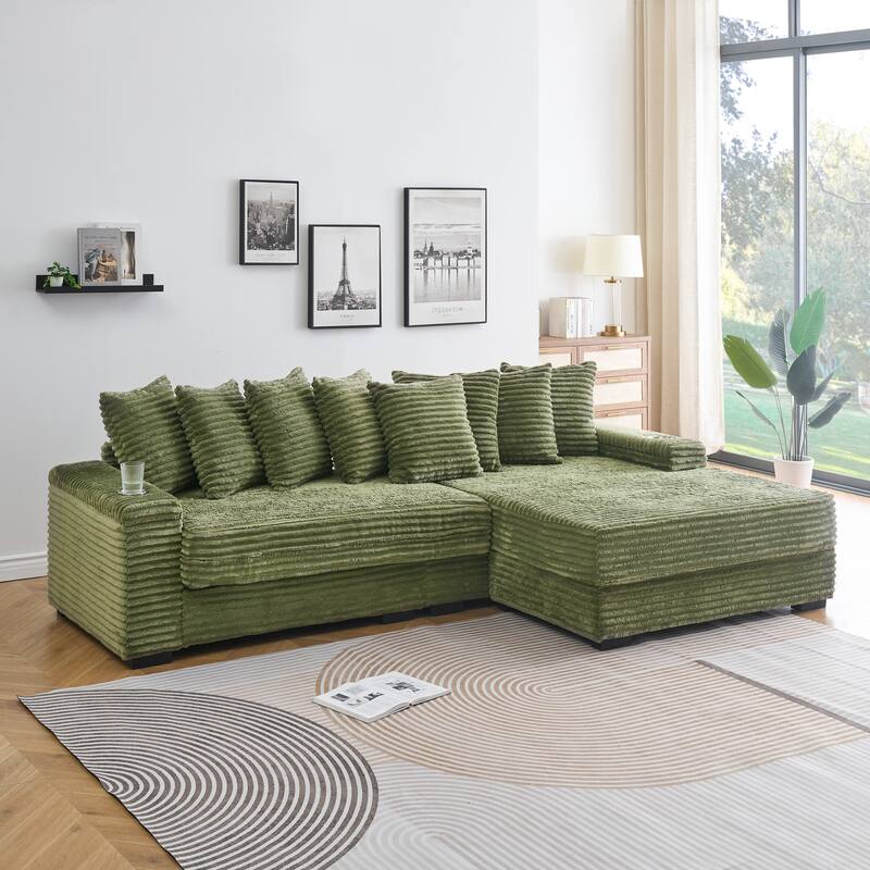 111.4-inch Green Corduroy L-Shaped Sofa with Storage Armrests and Reversible Chaise Lounge