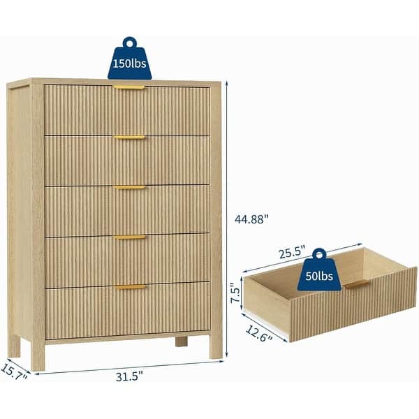 dimension image slide 1 of 2, Tall Wooden 5 Drawers Dressers, Storage Cabinet for Bedroom, Living Room