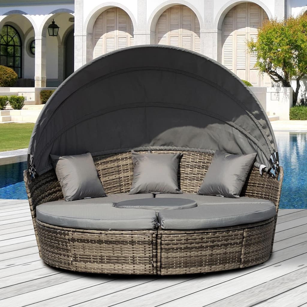 4PCS Rattan Furniture Set, Round Convertible Patio Daybed or Sunbed