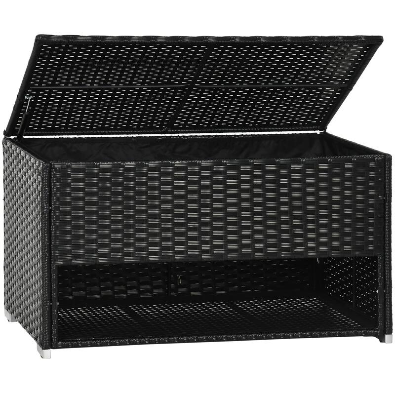 Pool Deck Storage Box Multipurpose Storage Box Rattan Deck Box with Liner and Spring-Assisted Lift for Indoor Outdoor Garden
