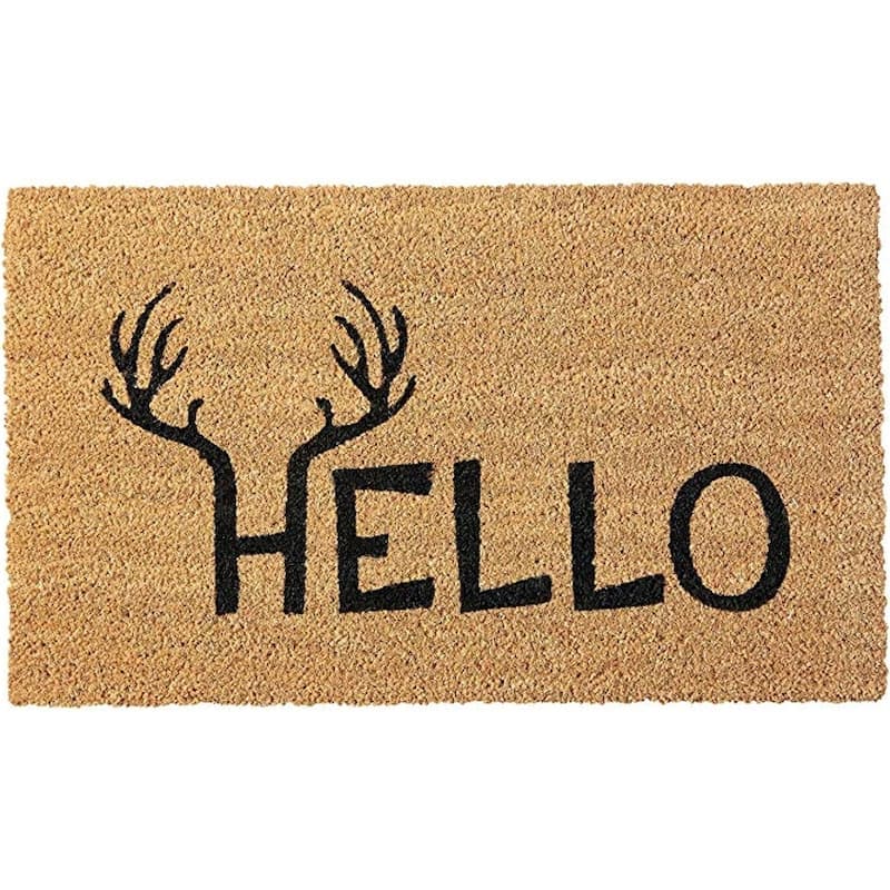 HomeRoots 24" X 36" Natural And Black Hello With Antlers Outdoor Coir Door Mat - 24' X '36