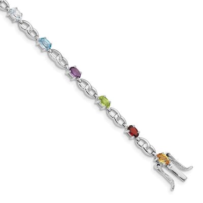Curata 925 Sterling Silver Rhod Plat Ameth Bl Top Citri Perid Garnet Bracelet 7.5 Inch