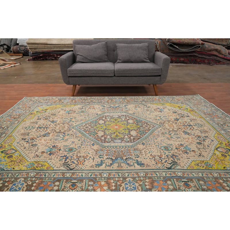 Hand Knotted Oriental 100% Wool Carpet Traditional Floral Peach Tabriz Area Rug - 9' 4'' X 6' 7''