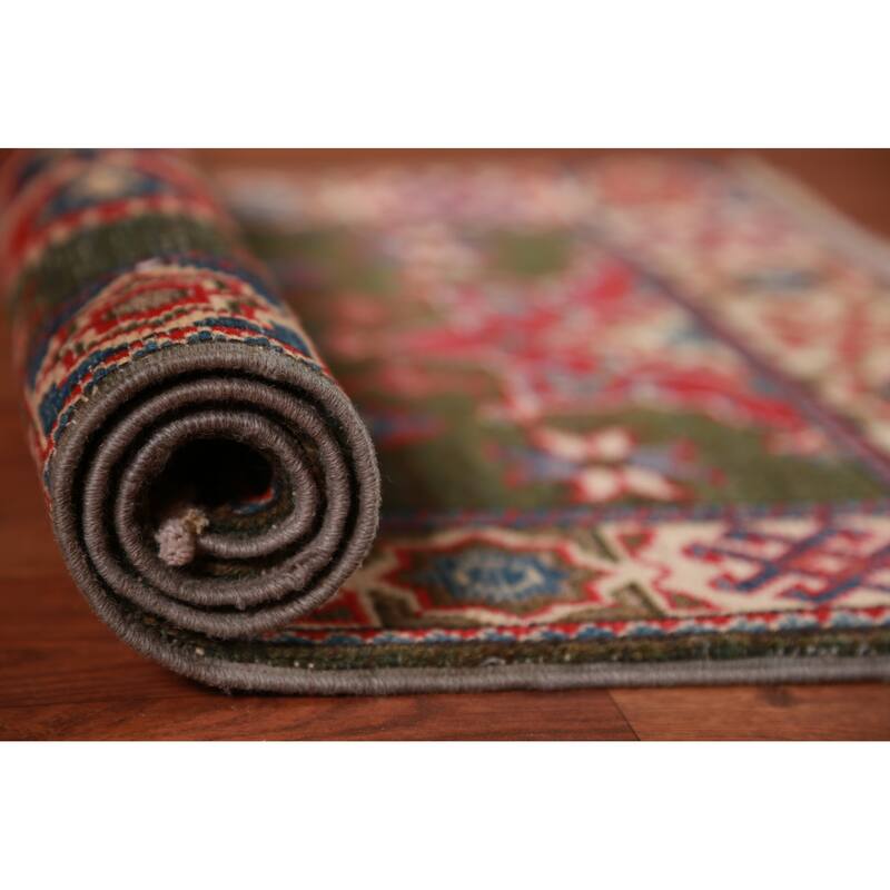 Geometric Green Kazak Oriental Foyer Rug Handmade Wool Carpet - 2'0"x 3'0"