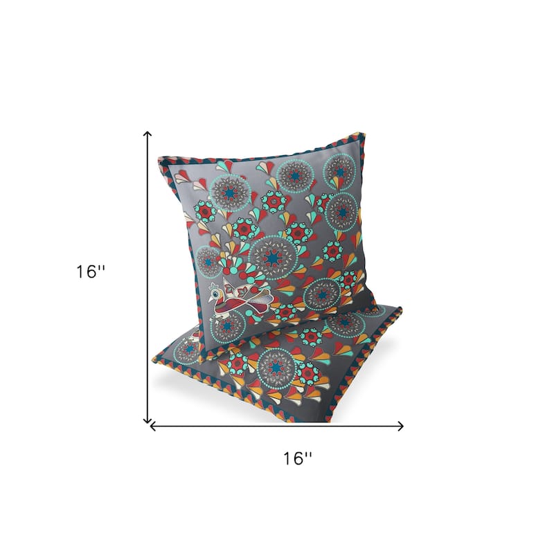 HomeRoots Set of Two 16" X 16" Gray and Yellow Peacock Blown Seam Floral Indoor Outdoor Throw Pillow - 16.00' X '16.00' X '5.00