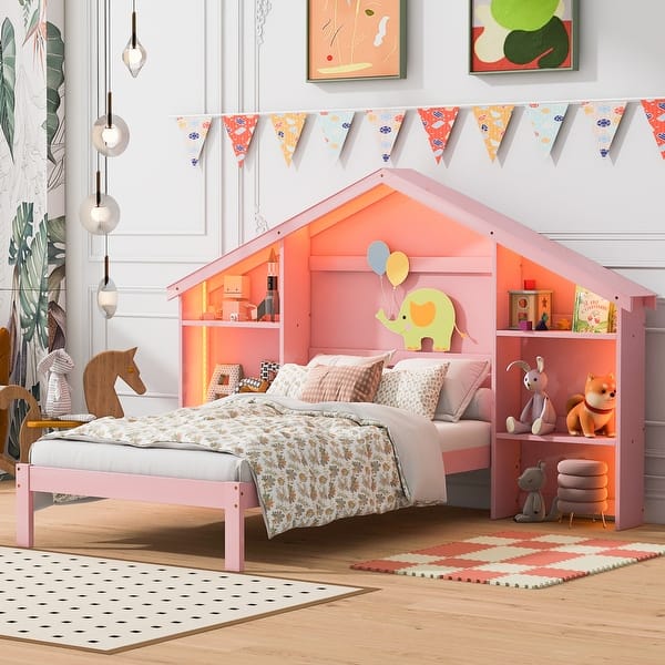 slide 2 of 22, Twin Size Wood Platform Bed with House-shaped Storage Headboard and Built-in LED for Bedroom Twin - Pink