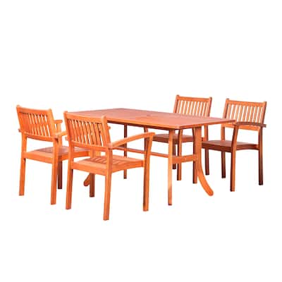 Hakan Wood Patio Curvy Legs Table and Stacking Chair Set