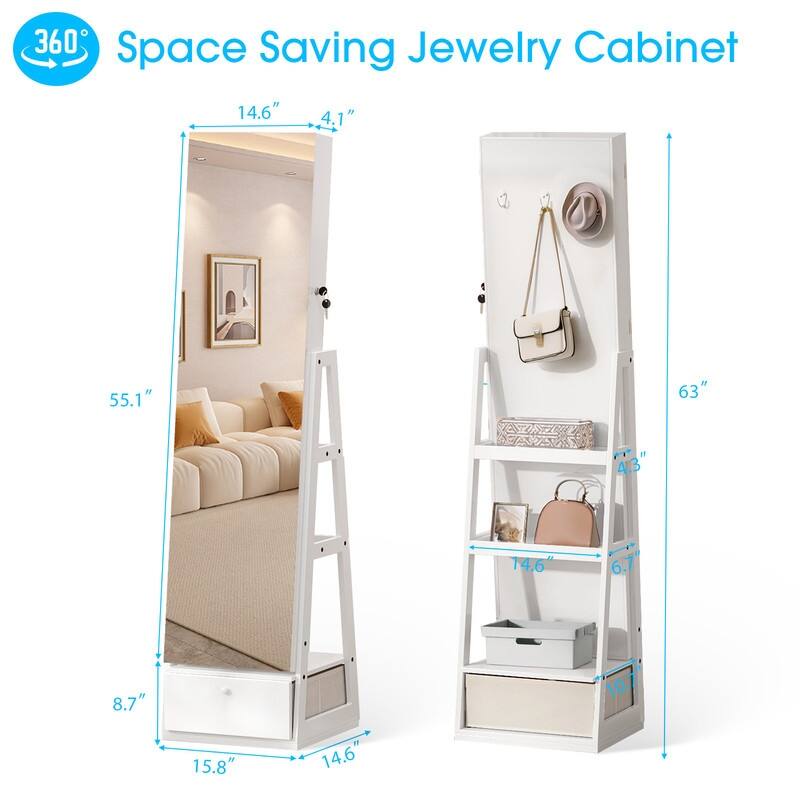 White Mirror Cabinet with 1 Door 1 Fabric Drawer 3 Shelves