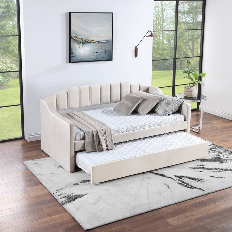 Modern Twin Size Upholstered Velvet Tufted Daybed with Trundle