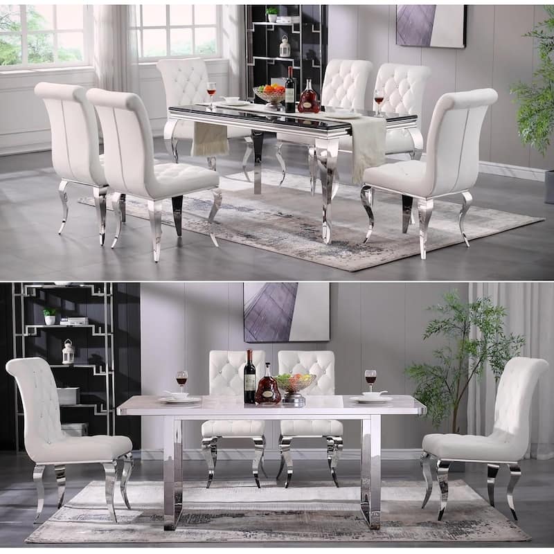 Velvet Upholstered Chairs with Crystal Decor Button Tufted back and Mirror metal Cabriole Legs