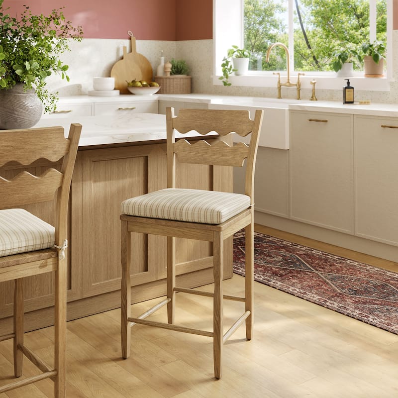 Jax Oak Wood Counter Stool With Wavy Razor Back and Cushion - Weathered Oak Oatmeal Stripe
