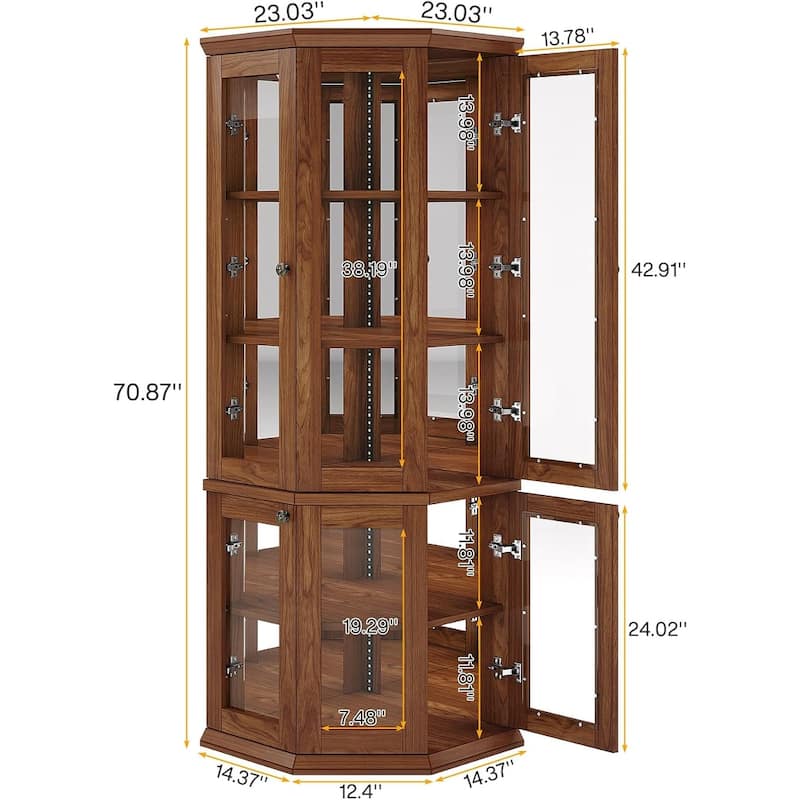 71 Inches Tall Corner Cabinet with Doors & LED Lights, Brown