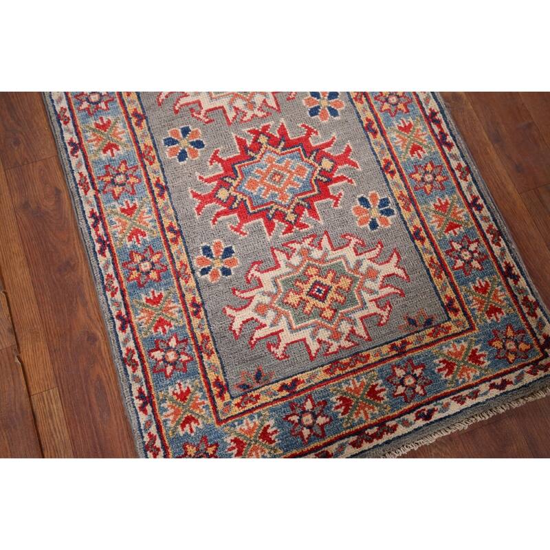 Gray Geometric Kazak Oriental Foyer Rug Hand-Knotted Wool Carpet - 2'0" x 3'0"