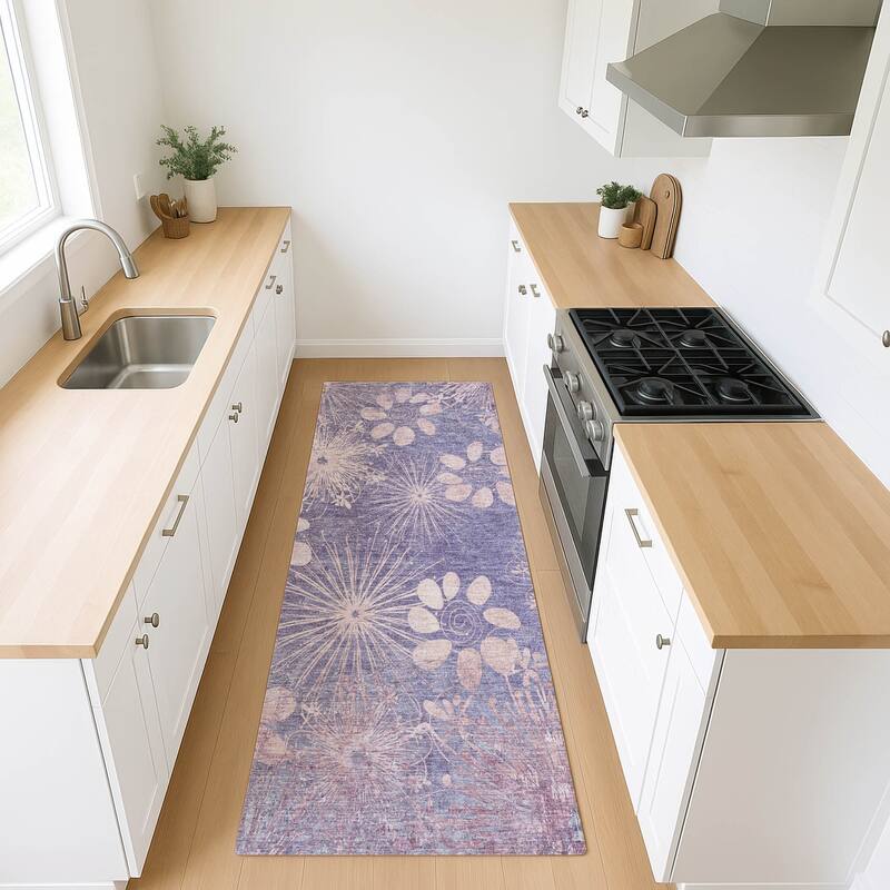 Machine Washable Indoor/ Outdoor Floral Geo Chantille Rug