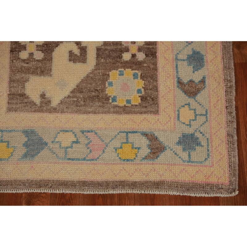 Hand Knotted Oriental 100% Wool Carpet Transitional Geometric Brown Oushak Runner Rug - 12' 3'' X 3' 2''