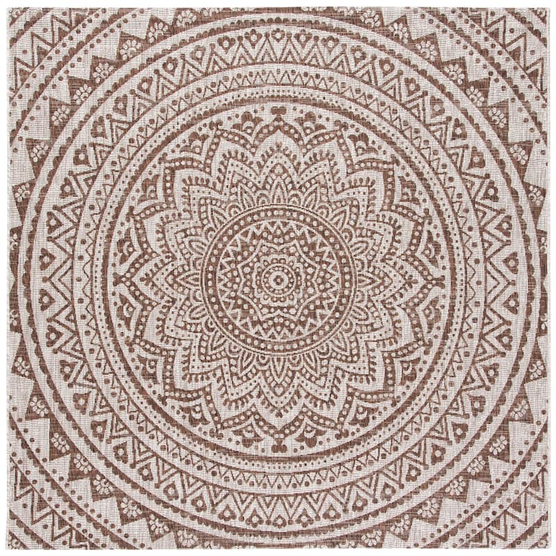 SAFAVIEH Courtyard Fran Mandala Indoor/ Outdoor Waterproof Patio Backyard Rug - 6'7" Square - Light Beige/Light Brown