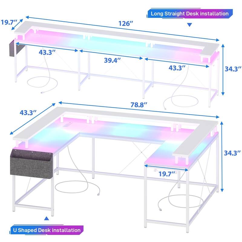 U Shaped Desk, 126 Inch Gaming Desk with Monitor Stand and LED Lights