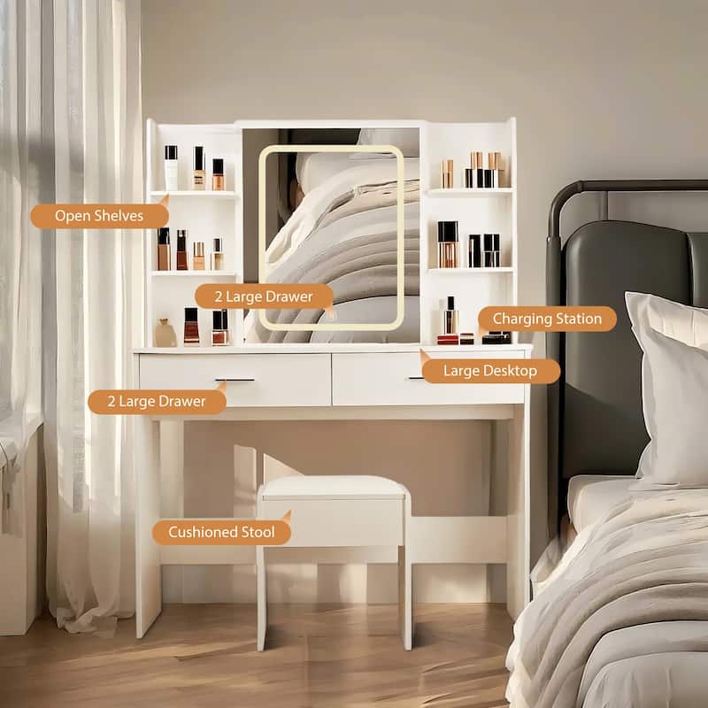 Vanity Desk with Mirror and Lights, Makeup Vanity with 2 Drawers and 6 Storage Shelves, with Power Outlet & Cushioned Stool