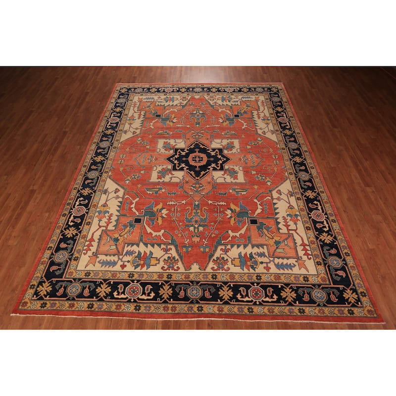 Vegetable Dye Orange Heriz Oriental Area Rug Handmade Wool Carpet - 8'11" x 11'4"