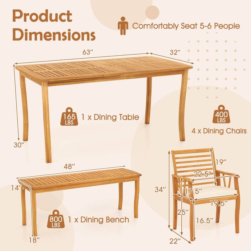 Costway 6 PSC Patio Dining Set Acacia Wood Table and Bench Chairs with - See Details