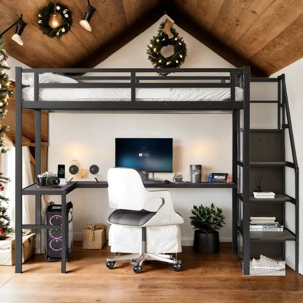 slide 2 of 13, Metal Full XL Size LED Loft Bed with L-shaped Desk and USB,Wardrobe and Adjustable Shelf Black