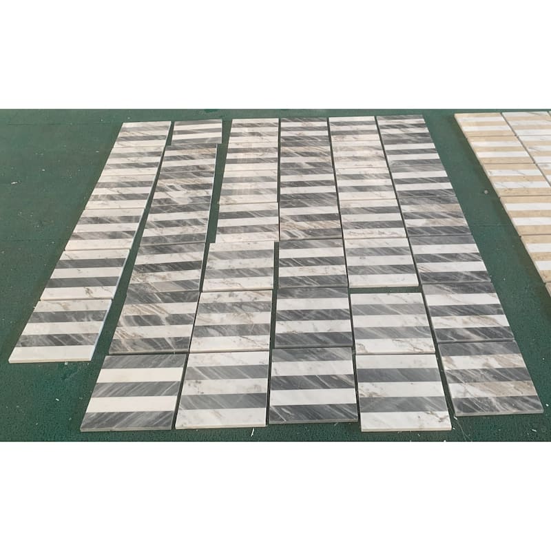 Roomfitters Waterjet Marble Tile for Floor and Wall, Polished Natural Stone, Genuine Marbl, 4-Piece Boxe, White Grey