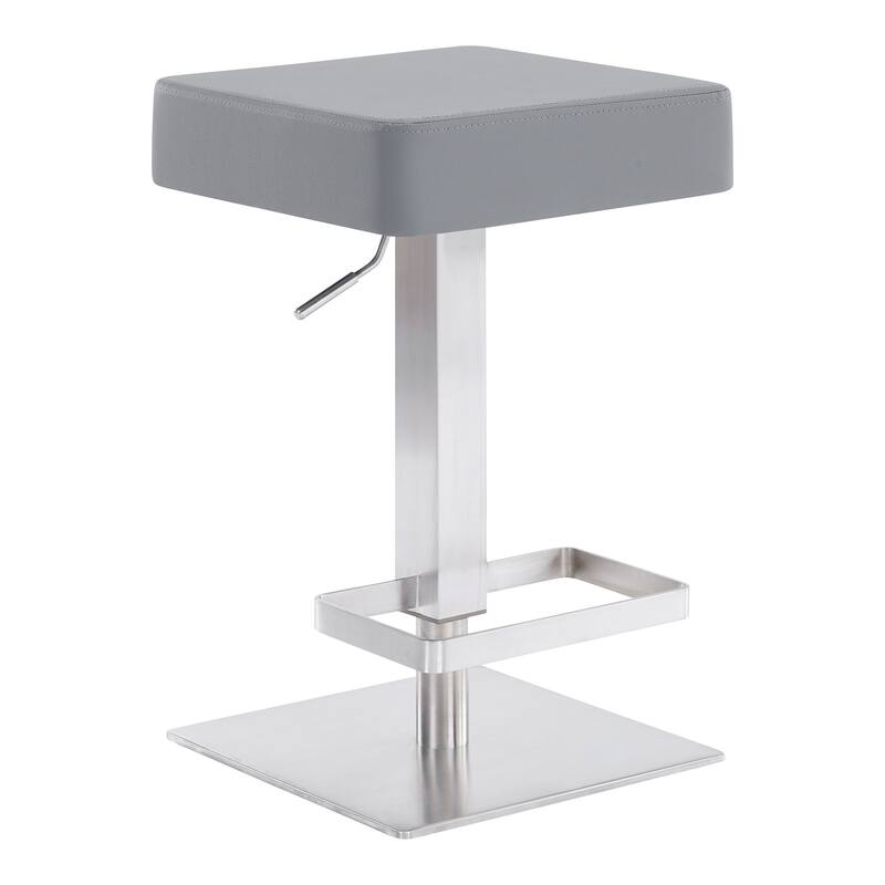 25" Adjustable Height Swivel Bar Stool with Grey Faux Leather Seat and Brushed Finish Iron Frame - 33.5" H x 15.5" W x 15.5" D