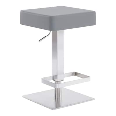 25" Adjustable Height Swivel Bar Stool with Grey Faux Leather Seat and Brushed Finish Iron Frame - 33.5" H x 15.5" W x 15.5" D