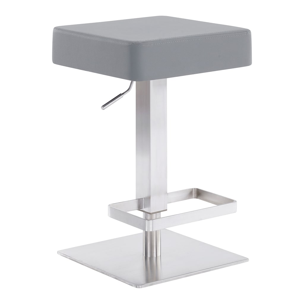 25" Adjustable Height Swivel Bar Stool with Grey Faux Leather Seat and Brushed Finish Iron Frame - 33.5" H x 15.5" W x 15.5" D