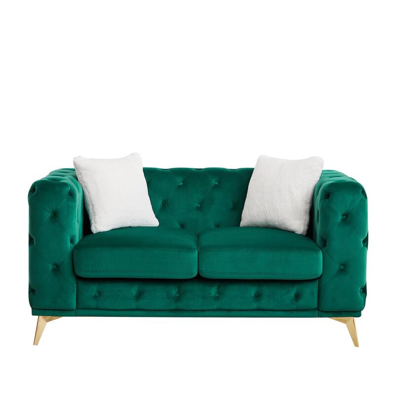 Velvet Chesterfield Loveseat Sofa, Tufted Button Upholstered 2 Seater Sofa, Lounge Sofa Chair with 2 Pillows & Metal Legs