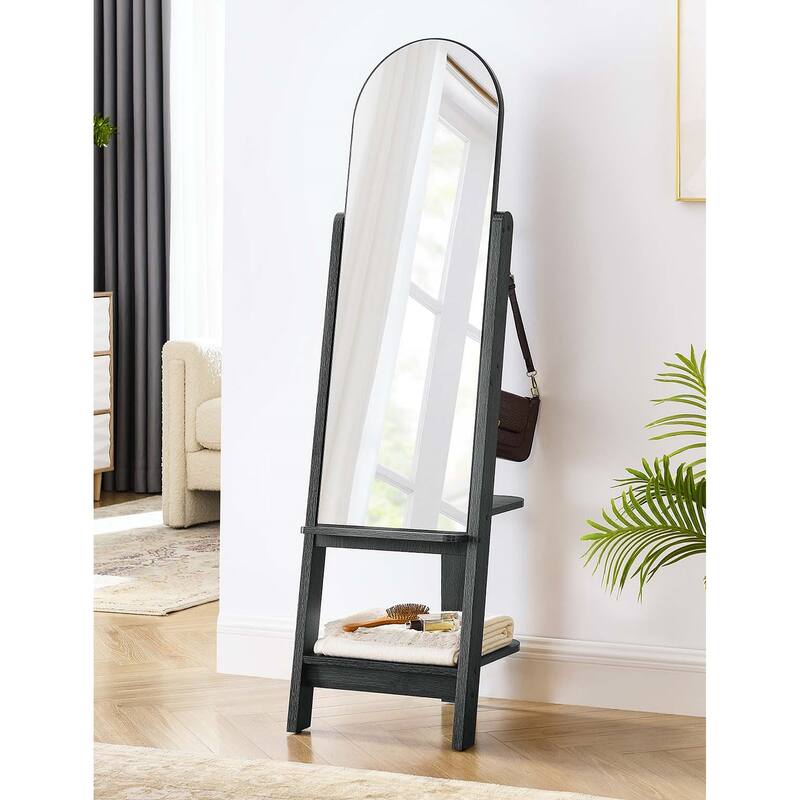 Lewis Modern Black Wooden Standing Arched Mirror with Shelf and Hooks