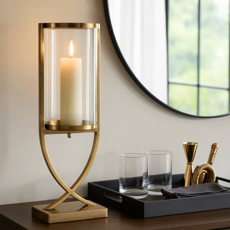 Modern Glass Pillar Candle Holder Decorative Lantern with Steel Frame