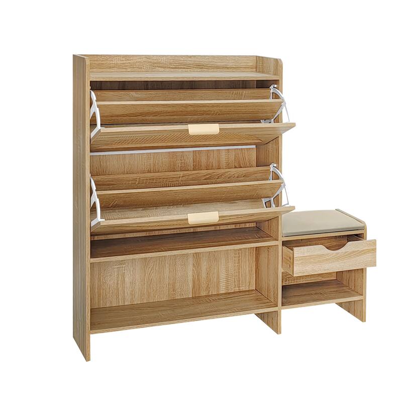 Roomfitters Rattan Shoe Storage Cabinet with Bench and Flip Compartments for Entryway, Light Brown