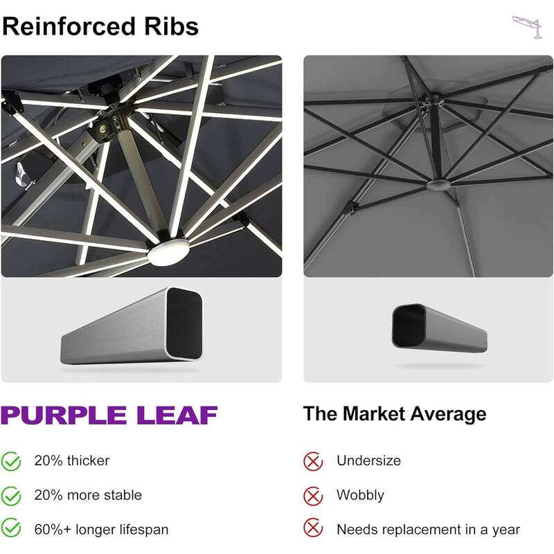 PURPLE LEAF 10 ft Double Top LED Round Patio Cantilever Umbrella