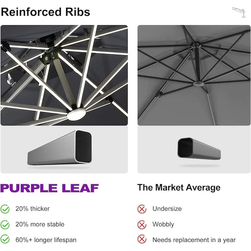 PURPLE LEAF Double Top LED Rectangle Patio Cantilever Umbrella