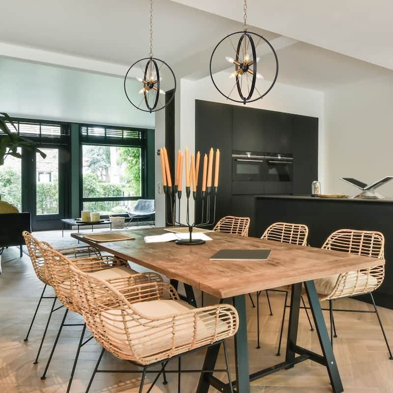 Modern 6-Light Black Gold Starburst Chandelier Orb Pendant Lights for Dining Room - 18" W x 20.5" H