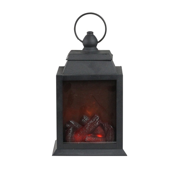 10" LED Lighted Black Lantern with Faux Fire Christmas Decoration - N/A