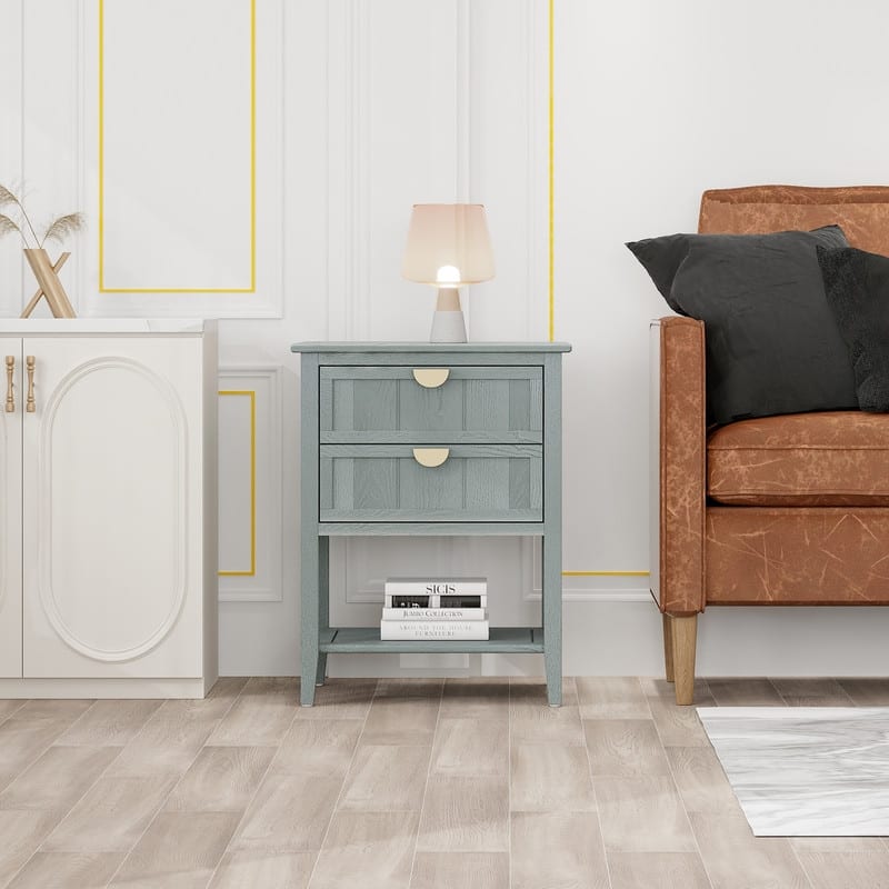 2 Drawer Nightstand Side table with Shelf - Light Grey