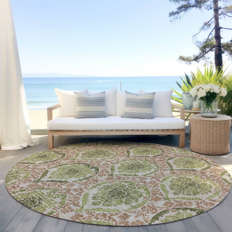 Machine Washable Indoor/ Outdoor Chantille Traditional Damask Rug - Olive - 8' x 8'