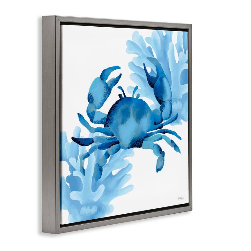 Stupell Blue Tone Crab & Coral Framed Floater Canvas Wall Art Design By Cat Thurman Designs